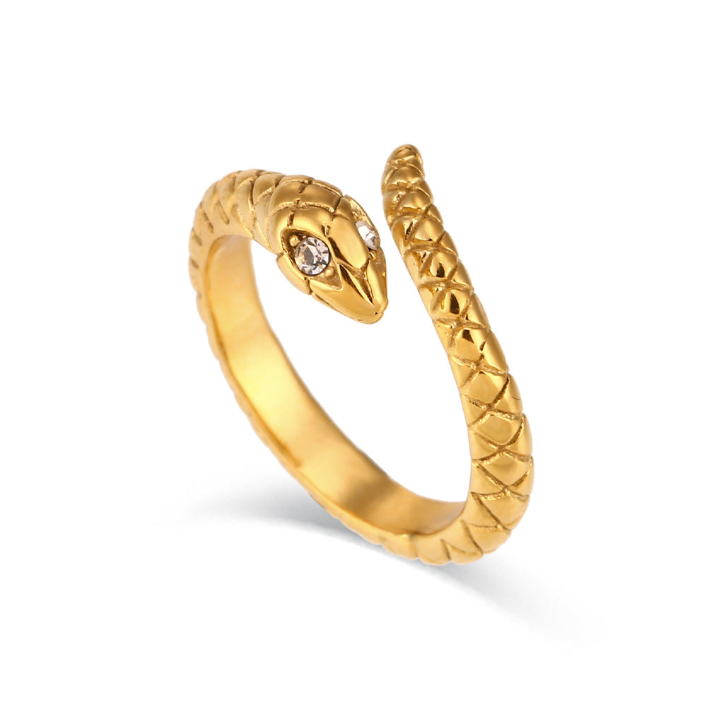 Anello da donna vintage a serpente in acciaio inossidabile placcato oro con strass bianchi