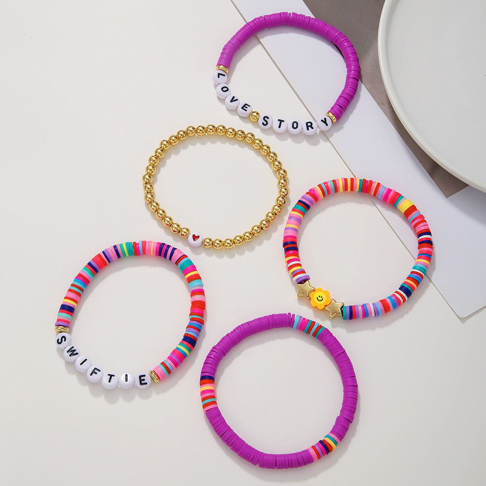 Handmade Letter Resin Brass Acrylic Bracelet Set with Sun and Smiley Charms