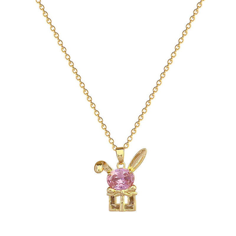 Collana con ciondolo coniglio a fiocco in stile cartone animato per donna con intarsio in strass su catena in acciaio al titanio