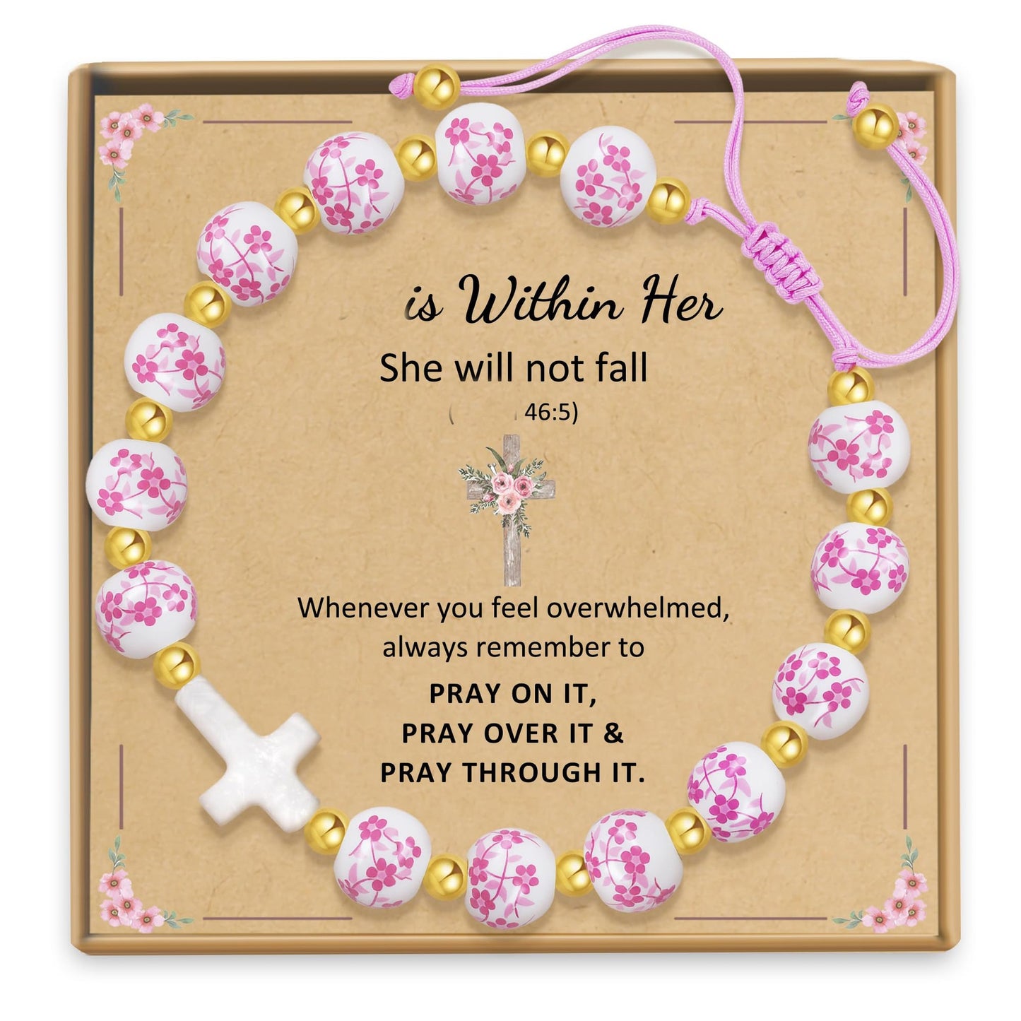 Vintage Elegant Ceramic Cross Charm Bar Bracelet with Floral Pattern and Gold Spacer Beads for Women