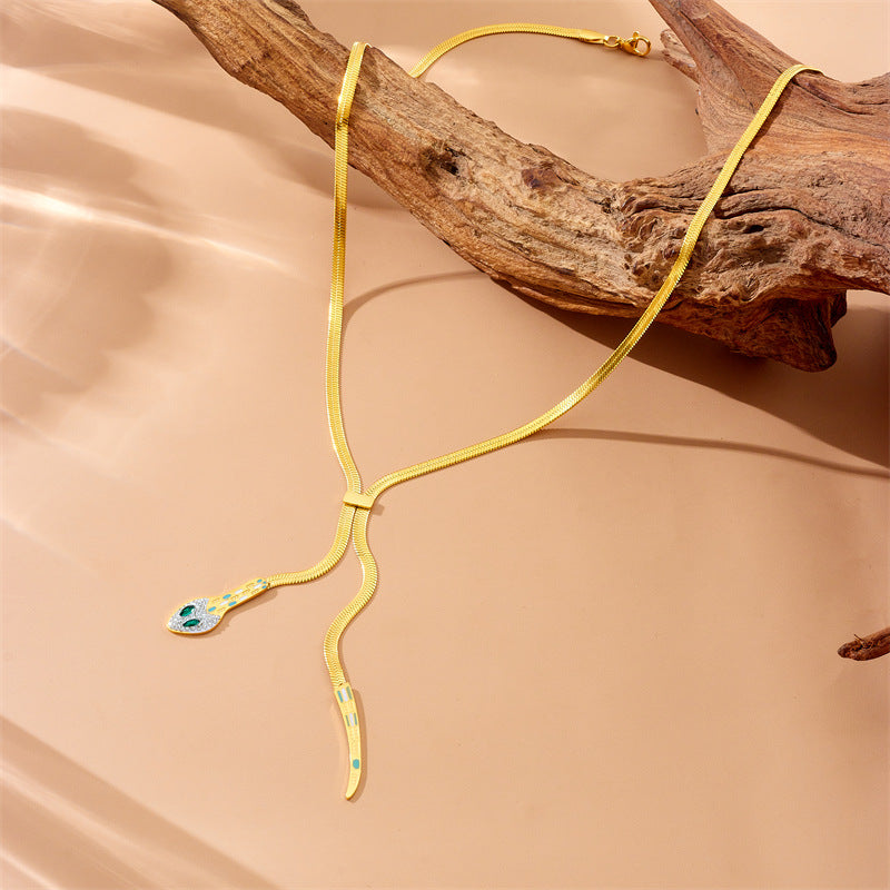 Punk Rhinestone Encrusted Snake Head & Tail Stainless Steel Gold Plated Snake Chain Necklace for Women