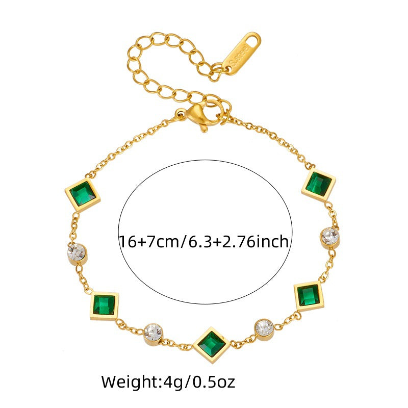 Minimalist Elegant Square Rhinestone Plated Stainless Steel Necklace and Bracelet Set for Women