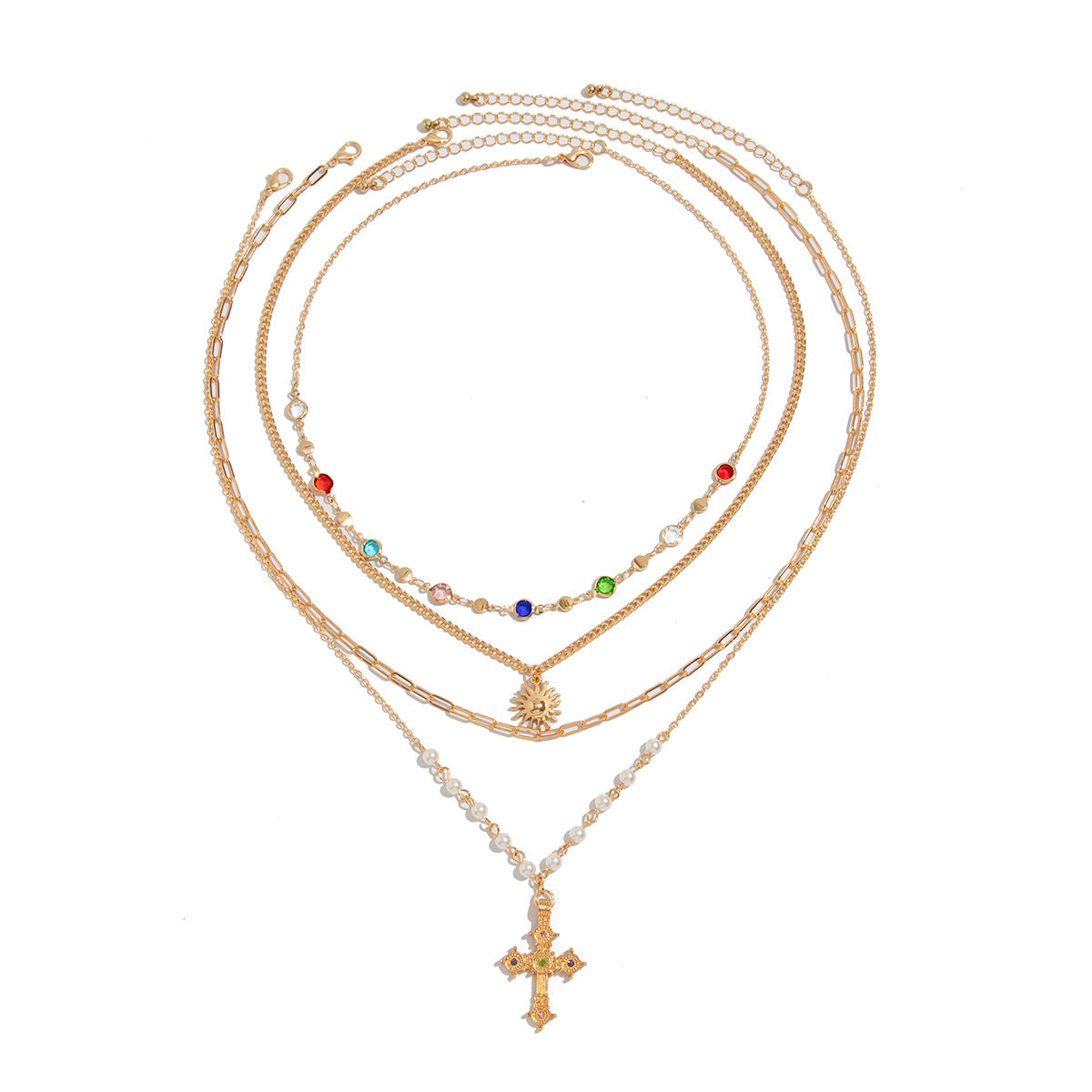 Collana a Y da donna con pendente a croce vintage in stile francese con perle di strass colorate, finitura placcata in lega di zinco, design geometrico