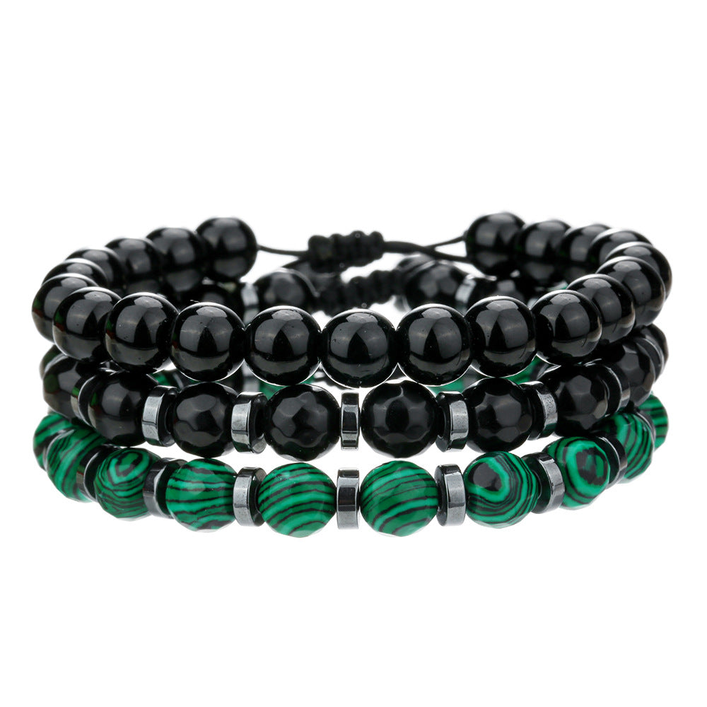 Bohemian Style Black Obsidian Green Peacock Stone Hand-Strung Bracelet with Geometric Round Beads for Beach and Surf