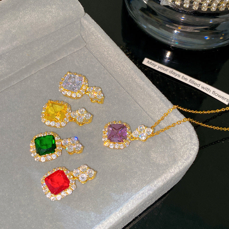 Sweet Colorful Cubic Zirconia Geometric Square Pendant Titanium Steel Necklace Cable Chain