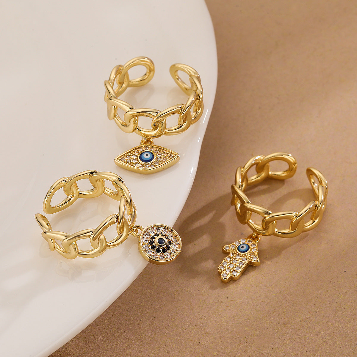 Minimalist Geometric Evil Eye Pendant Ring for Women in Copper with 18K Gold Plating and Micro-Paved Zircon