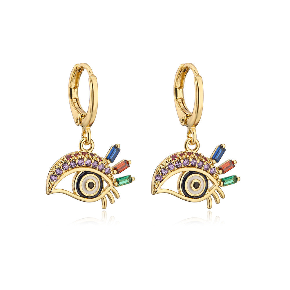 Orecchini Pendenti Geometrici Creativi in Rame con Placcatura in Oro 18K, Zirconia Micro-Incastonata, Design a Occhio Smaltato da Donna