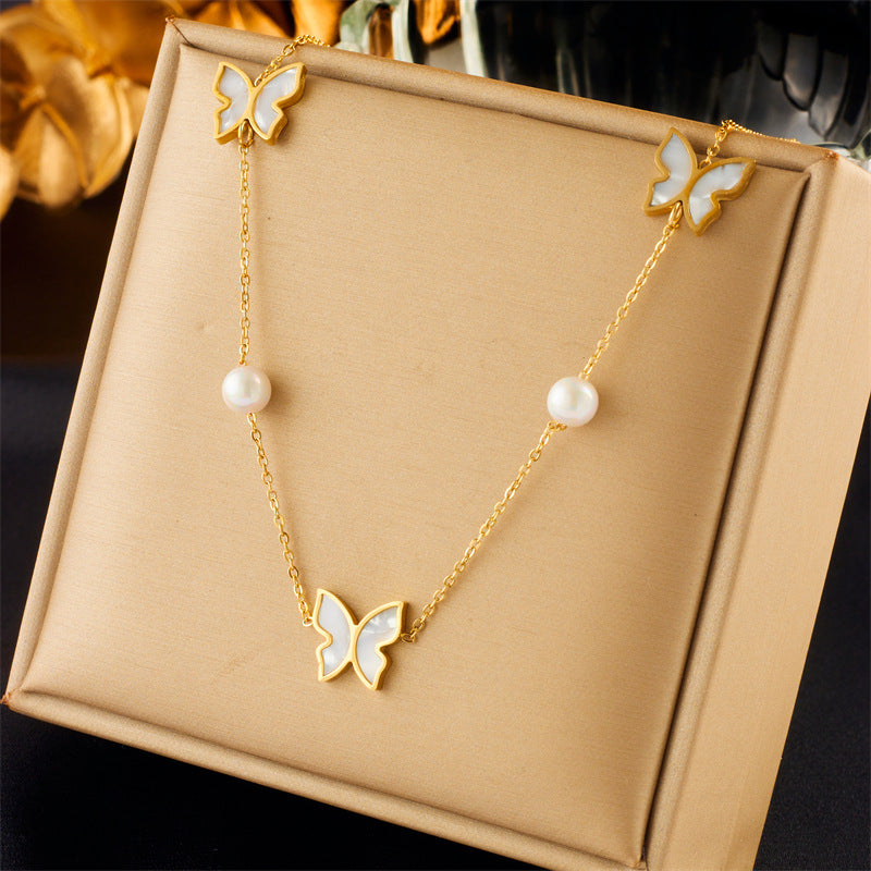Fashionable Minimalist Butterfly Heart Pearl Pendant Necklace in Stainless Steel with Plated Finish for Women