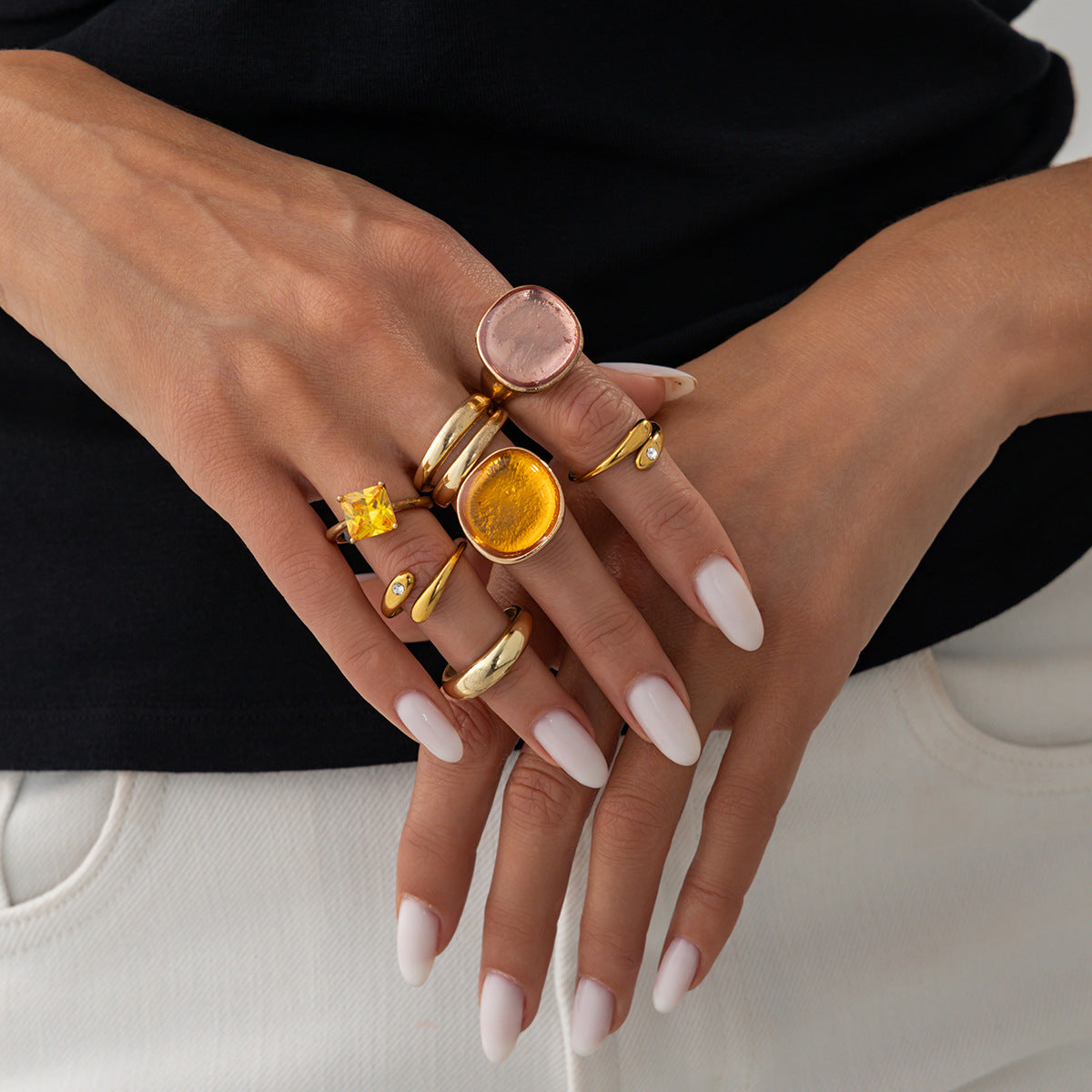 Casual Geometric Round Square Zinc Alloy Resin Rhinestone Plated Open Ring for Women