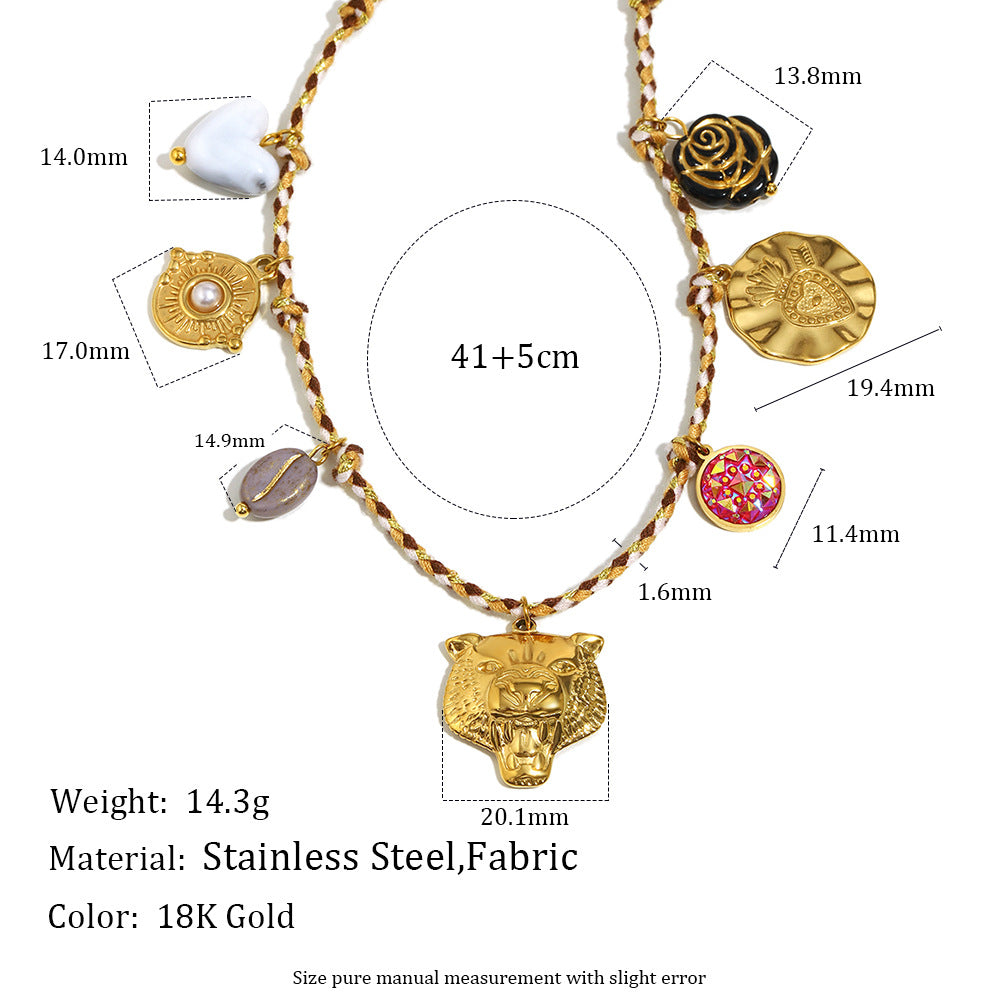 Luxury Minimalist Leopard Head Pendant Necklace with Stainless Steel Chain, 18K Gold Plated, Pearl and Heart-Shaped Charm, Colorful Cord Accent