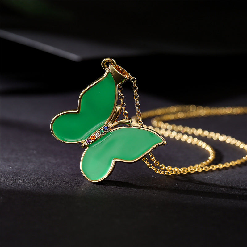 Sweet Solid Color Drip Oil Butterfly 18K Gold Plated Brass Necklace with Cubic Zirconia