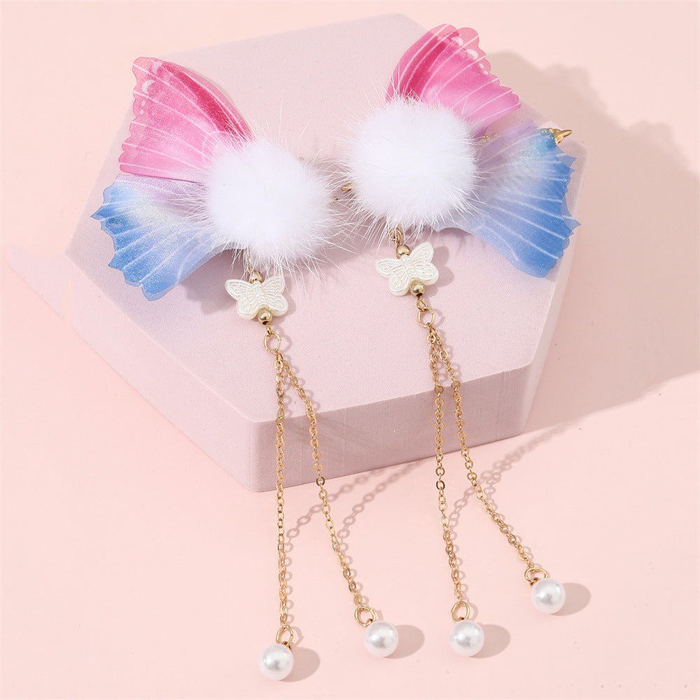 Set di mollette vintage a forma di farfalla per bambini con dettagli effetto perla, rifiniture con pon-pon e nappe lunghe in metallo