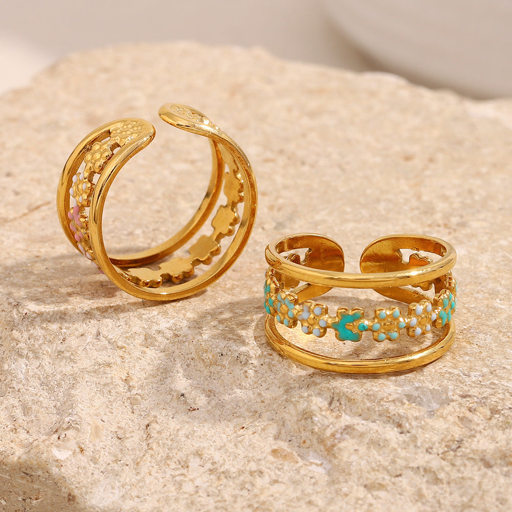 Fashionable Vintage-Inspired Floral Open Ring for Women Made of Stainless Steel with 18K Gold Plating