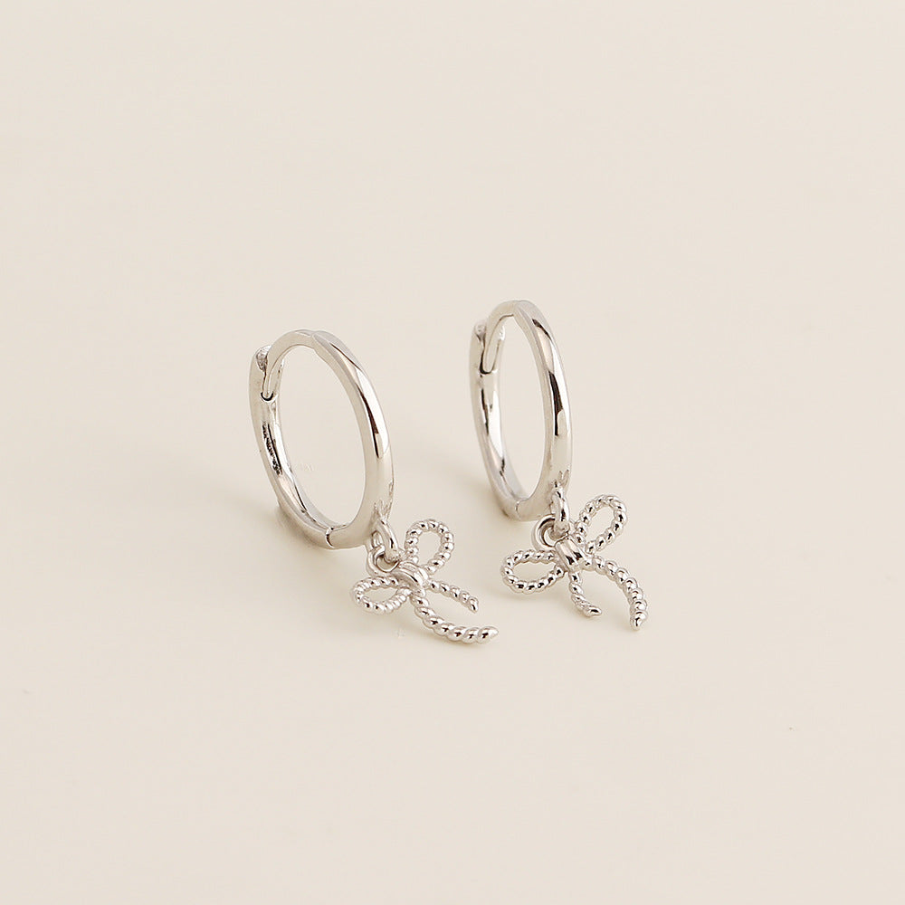 Sweet Minimalist Bow Plated 925 Sterling Silver Screw-Back Hoop Earrings for Women