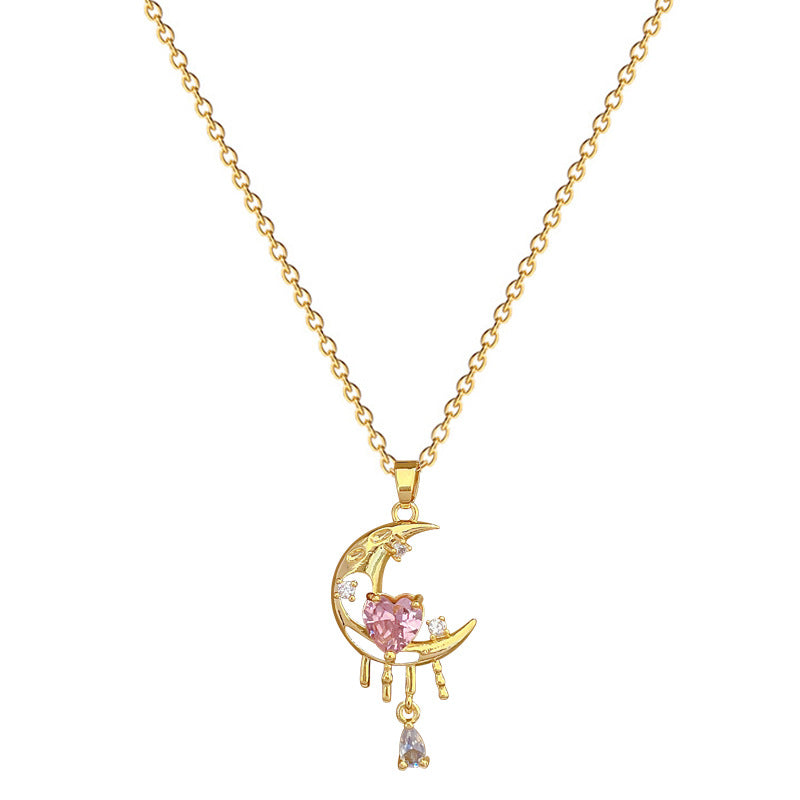 Collana pendente minimalista a forma di luna con intarsio completo di strass su catena in acciaio al titanio per donna