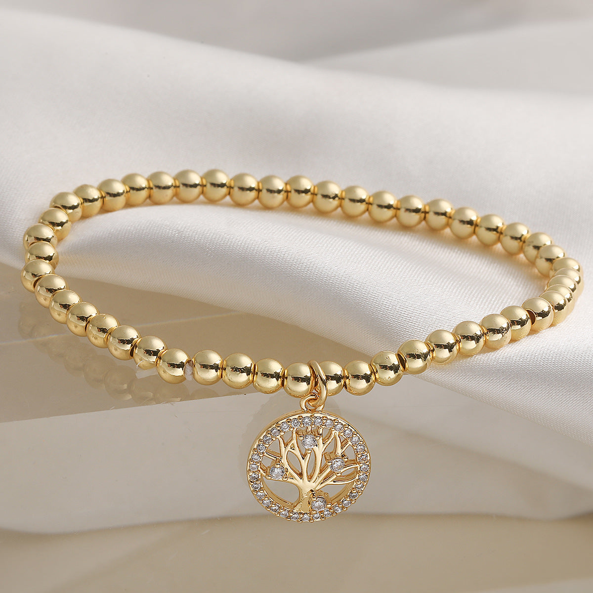 Minimalist 18K Gold Plated Geometric Tree of Life Cubic Zirconia Inlay Brass Bracelet for Women
