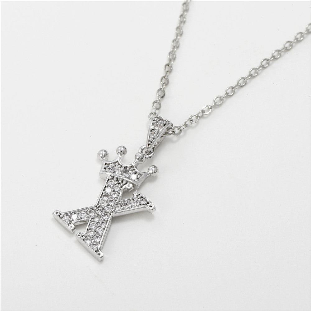Minimalist White Gold Plated Crown Letter Pendant Necklace with Micro-Pave Cubic Zirconia for Women