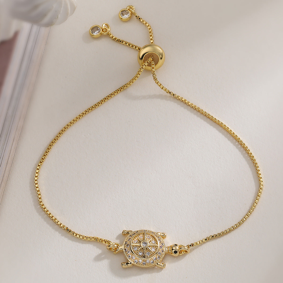 Minimalist Luxury Geometric 18K Gold Plated Brass Cubic Zirconia Turtle Bracelet for Women