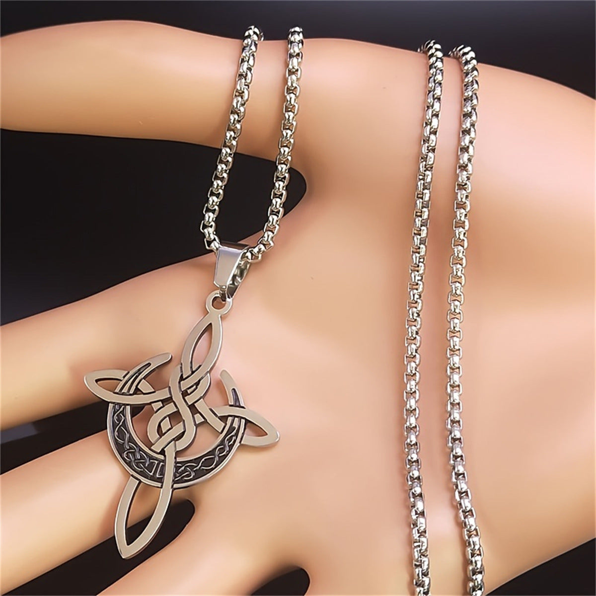 Minimalist Crescent and Knot Pendant Necklace in Stainless Steel with Titanium Steel Charm and Electroplated Finish