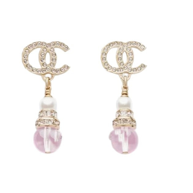 Eleganti Orecchini Pendenti in Ottone Placcato Oro con Lettera C, Perle Rotonde e Strass, con Perni in Argento Sterling 925