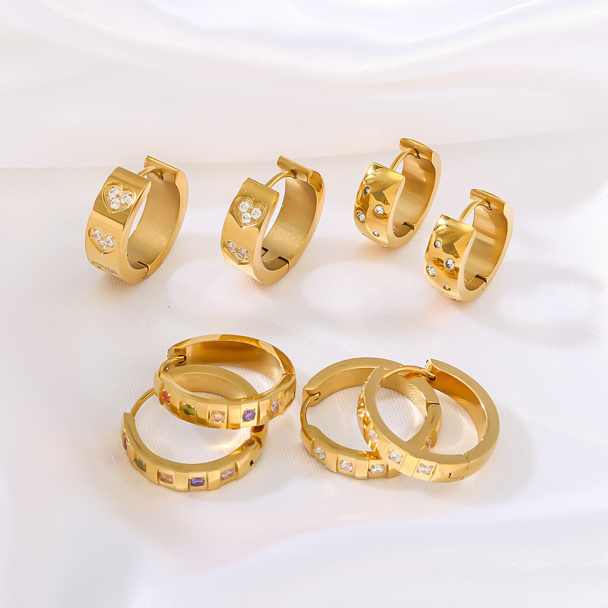 Minimalist Ins Style Stainless Steel Hoop Earrings with 18K Titanium Plating and Round Zirconia Heart-Shaped Ear Cuffs
