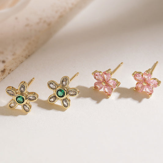 Minimalist 18K Gold Plated Brass Geometric Floral Cubic Zirconia Micro-Inlay Stud Earrings for Women