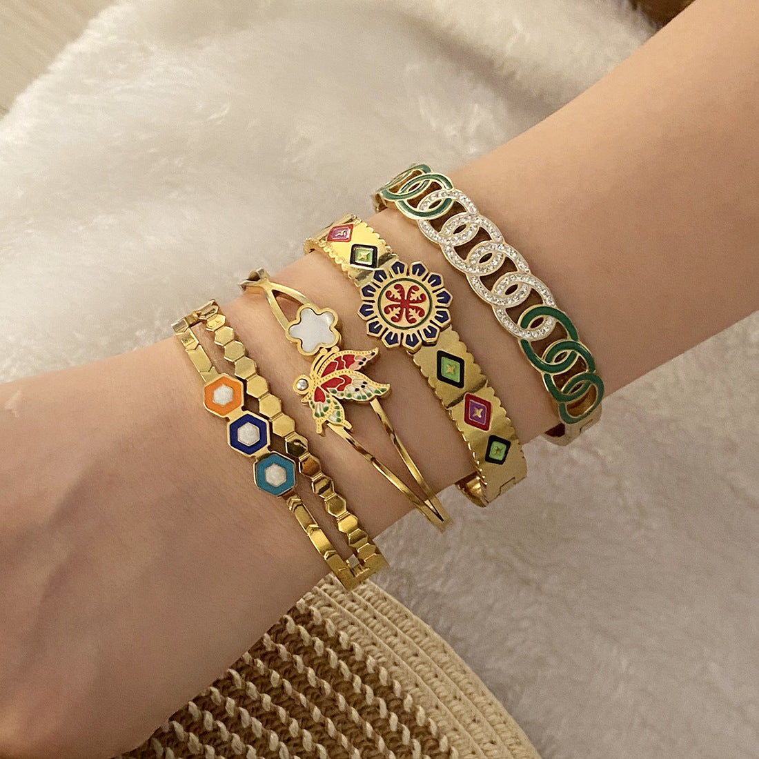 Vintage Floral Stainless Steel Bracelet with Enamel Finish and Butterfly Design for Women