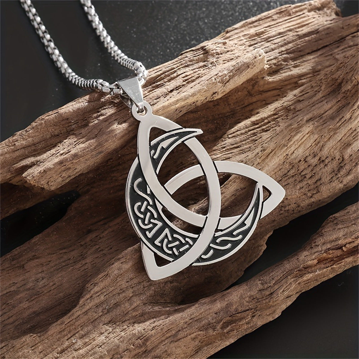Vintage Viking Triangle Knot Moon Phase Pendant Necklace for Men and Women in Stainless Steel with Titanium Steel Charm and Electroplated Finish