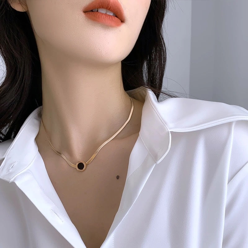 Minimalist Geometric Titanium Steel Snake Chain Necklace with Roman Numeral Pendant for Women