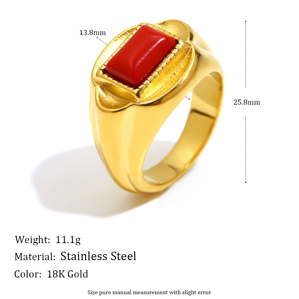 Anello da Donna in Acciaio Inossidabile con Placcatura Oro 18K, Pietra Rossa, Stile Geometrico Vintage, Accessorio di Lusso alla Moda