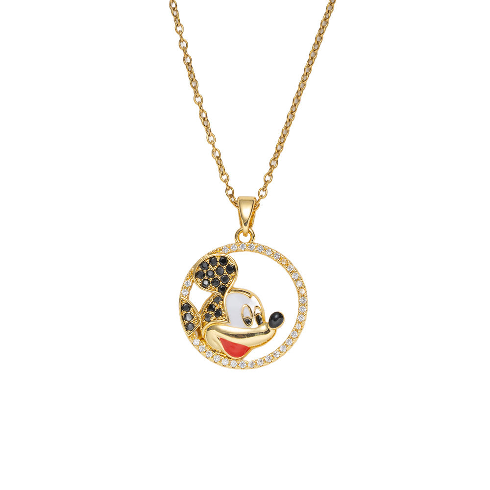 Minimalist Round Mickey Mouse Pendant Necklace in Titanium Steel with Gold Plating and Zircon Inlay for Women