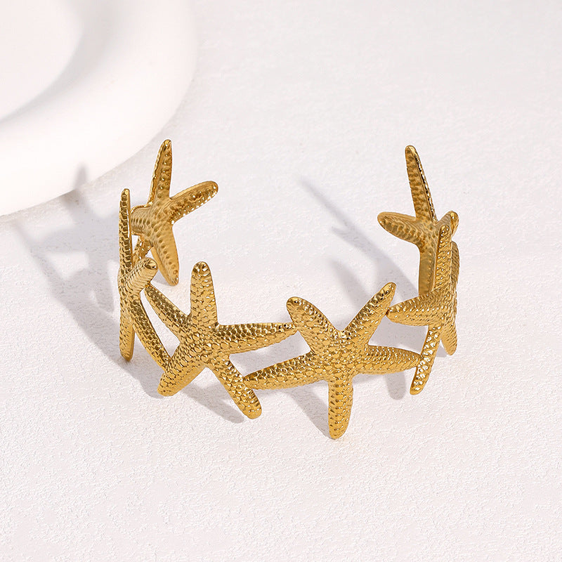 Minimalist 18K Gold Plated Stainless Steel Open Cuff Bracelet with Starfish Design
