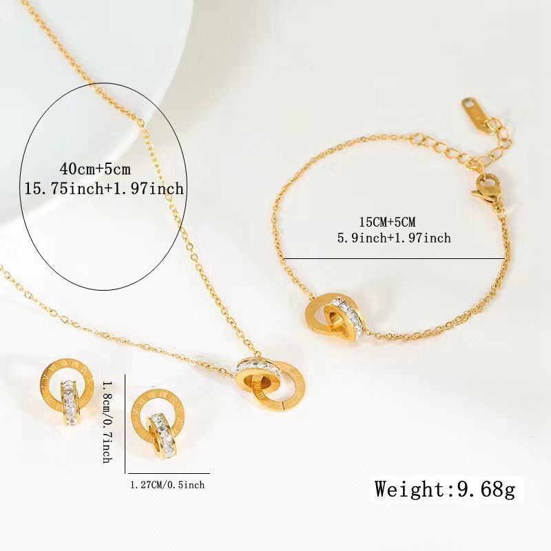 Set di collana, bracciale e orecchini da donna con numeri romani e doppia fede in acciaio inossidabile con zirconia cubica alla moda
