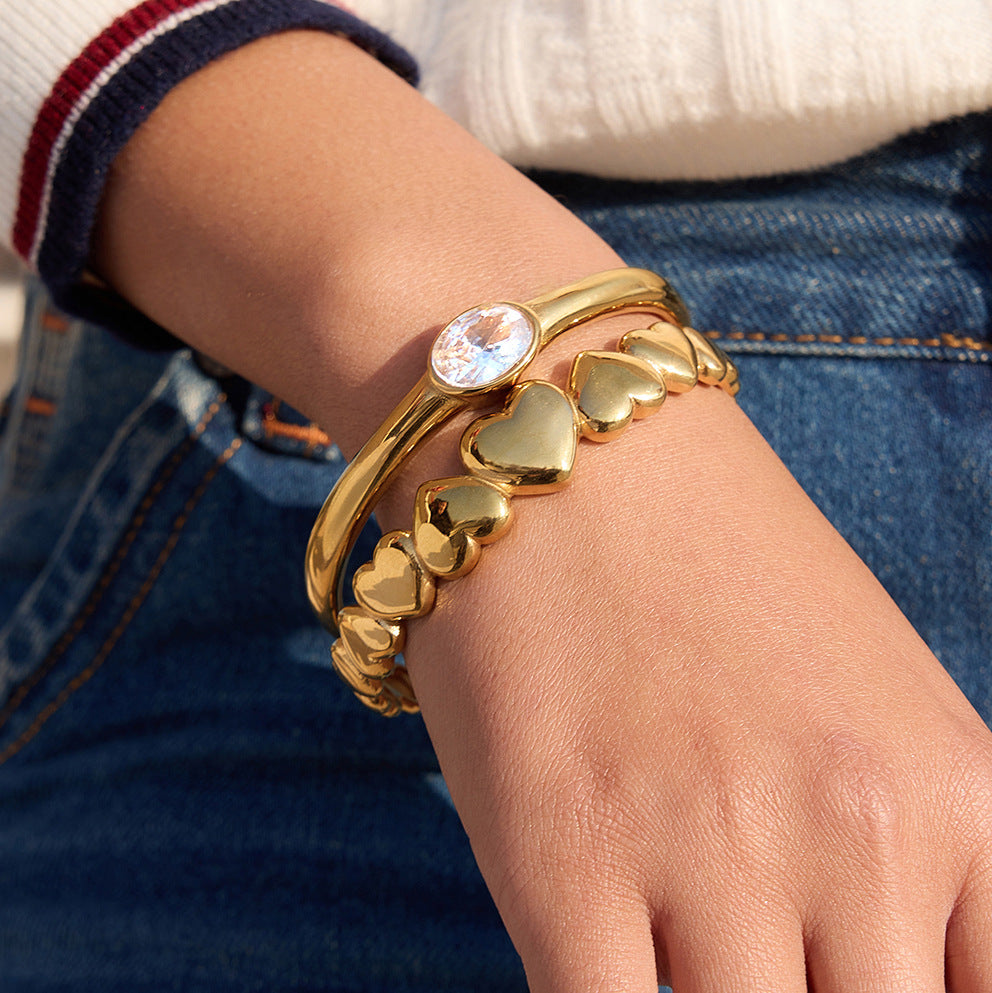 Luxury 18K Gold Plated Heart Stainless Steel Cubic Zirconia Bracelet