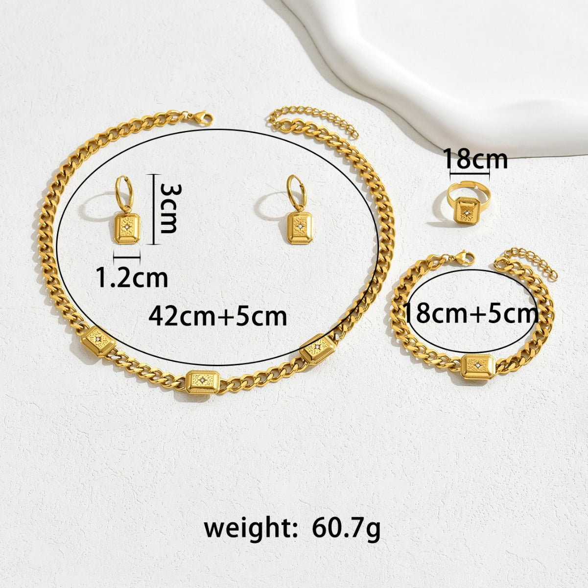 Set di bracciale, anello, orecchini e collana in rame con zirconi, geometrico, lusso minimalista, da donna