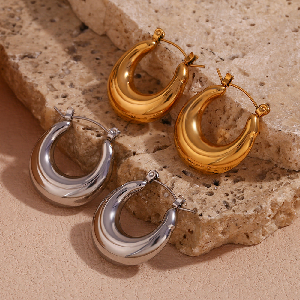 Orecchini a cerchio da donna a forma di U, geometrici, minimalisti, in acciaio inossidabile placcato oro 18 carati e estremità spesse e vuote