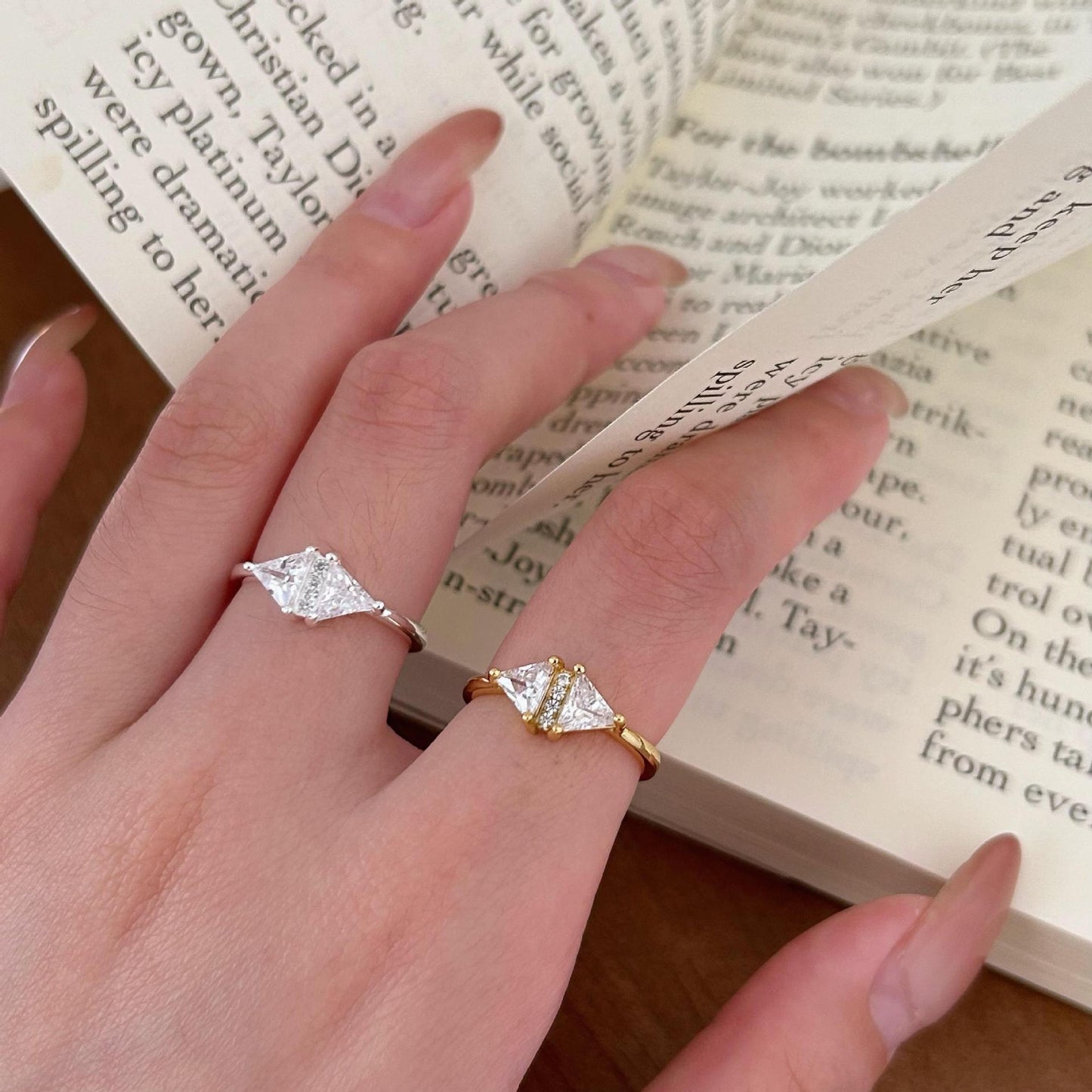 Minimalist 925 Sterling Silver Gold Plated Triangle Geometric Ring with Cubic Zirconia