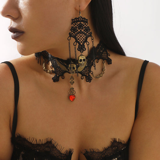 Edgy Gothic Lace Choker and Earrings Set with Skull Pendant in Alloy on Iron Base with Fringe Trim