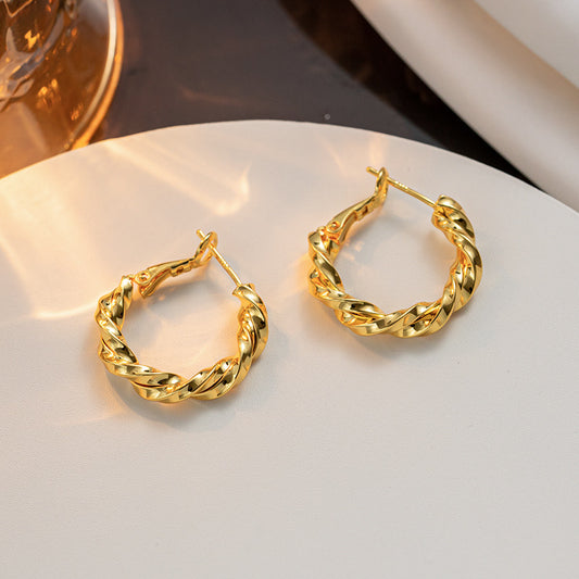 Orecchini a Cerchio da Donna Eleganti Minimalisti Geometrici in Acciaio al Titanio Placcati Oro con Dettaglio Intrecciato a Corda