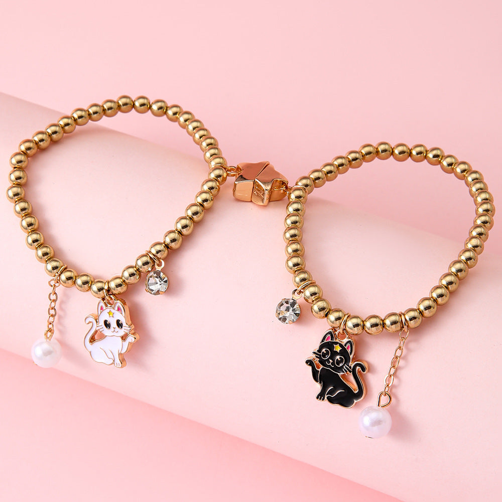 Cartoon Cat-Shaped Resin Bracelet for Girls Children's Animal-Themed Jewelry with Alloy-Inlaid Artificial Gemstones