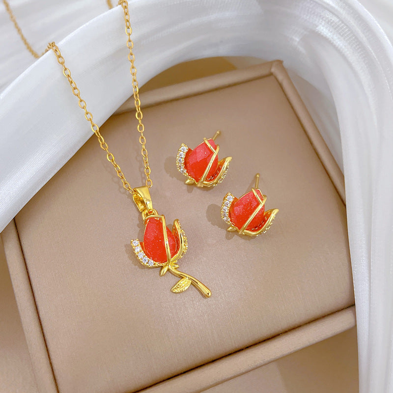 Sweet Minimalist Red Rose and Moon Rhinestone Pendant Titanium Steel Necklace Set for Unisex
