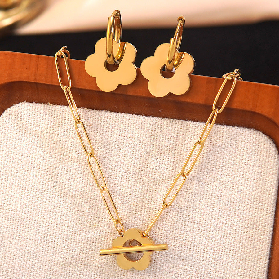 Minimalist Stainless Steel Plated Flower Pendant Necklace and Earring Set with Cable Chain for Women