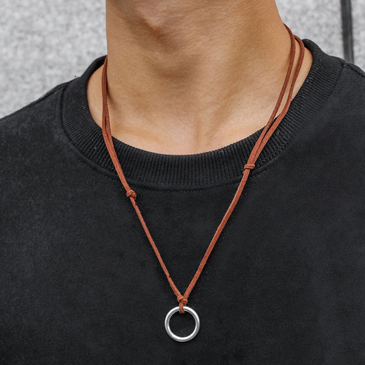 Minimalist Hip-hop Vintage Geometric Round Alloy Pendant Necklace with Cord Chain for Unisex
