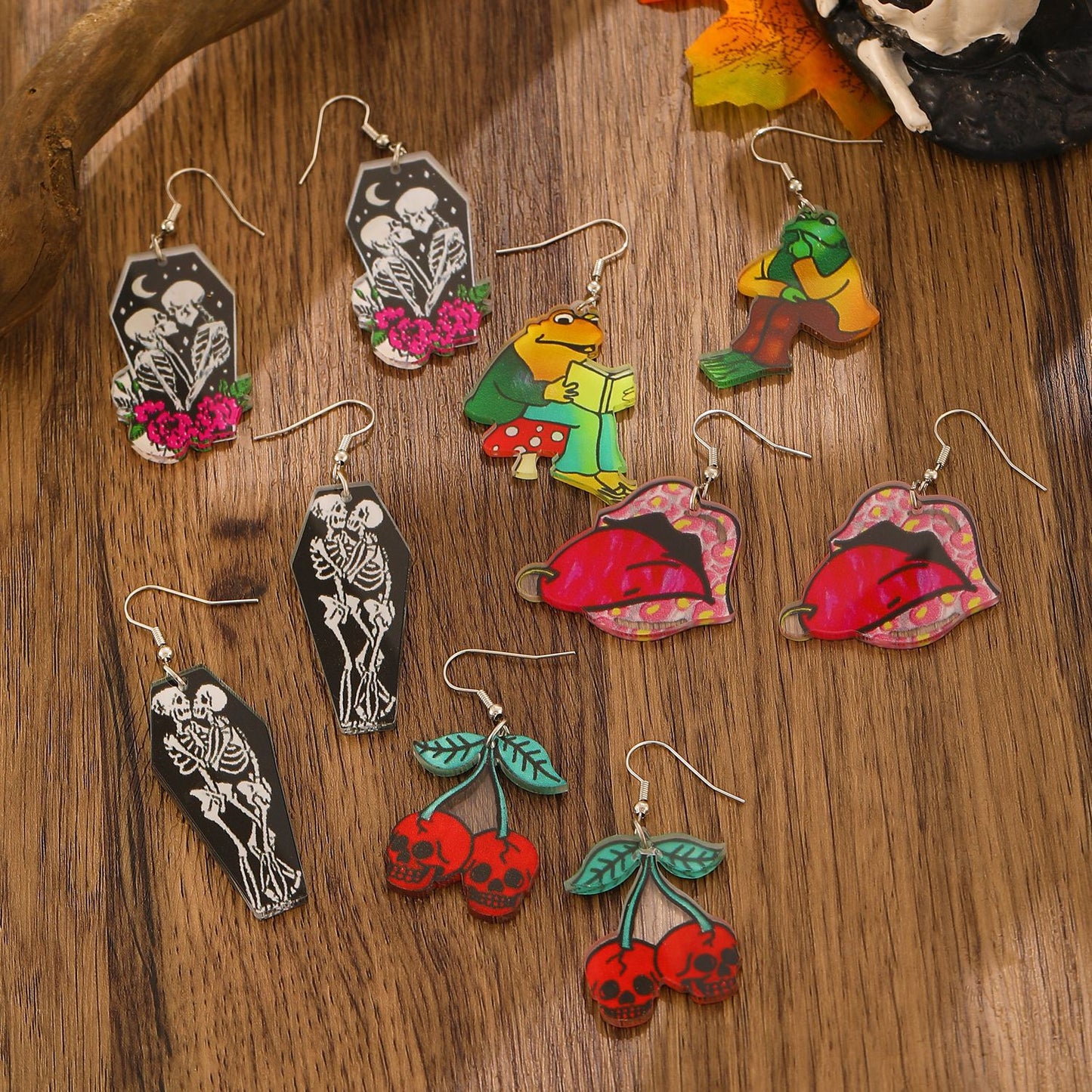 Pendientes acrílicos de dibujos animados de calavera de cereza de Halloween y rana solitaria para mujer con postes de oro de 14 quilates