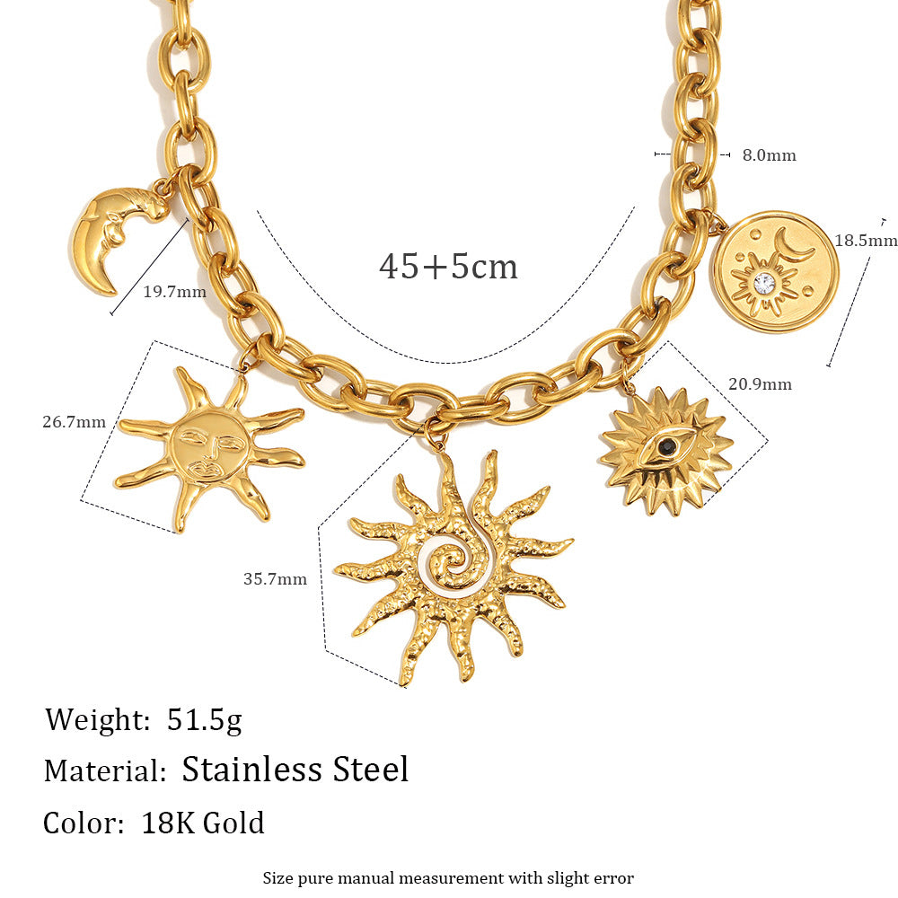 Collar con colgante de sol geométrico minimalista para mujer en acero inoxidable con baño de oro de 18 quilates en cadena tipo O
