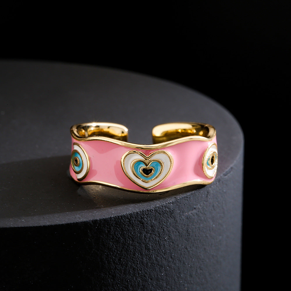 Minimalist Geometric Copper Ring with 18K Gold Plating and Enamel Heart-Eye Pattern