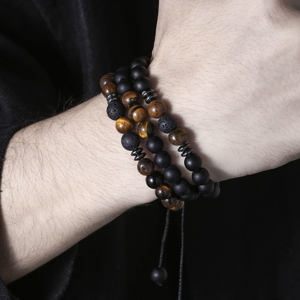 Handmade Geometric Obsidian Beaded Bracelet Set for Men and Women