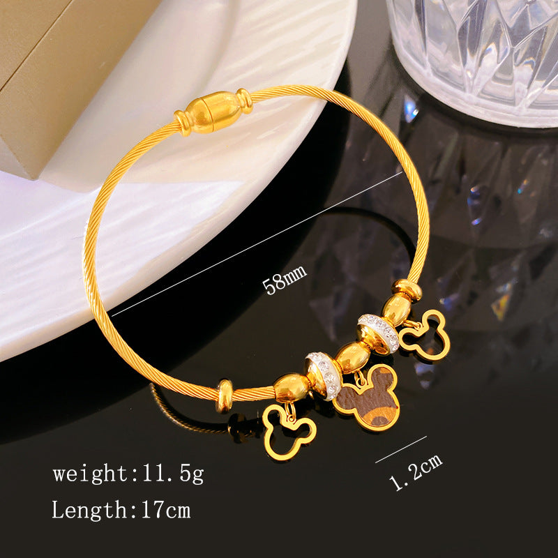 Minimalist Luxury Hollow Mickey Cartoon Leather Titanium Steel Bracelet Gold Plated