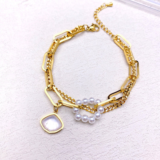 Hypoallergenic Titanium Steel Double-Layer Chunky Bracelet for Women with 18K Gold Plating, Cat's Eye Shell and Pearl Inlay, Geometric Design, Minimalist Luxury Style