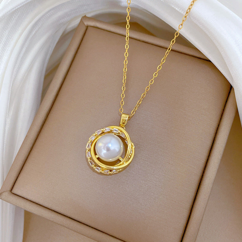 Sweet Geometric Rotating Bird Nest Pearl Rhinestone Necklace Titanium Steel Cable Chain for Women